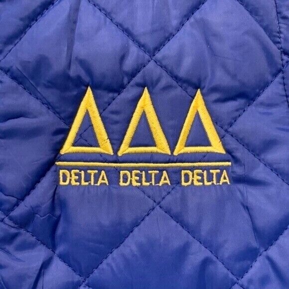 Delta Delta Delta DDD Sorority Fleece Lined Puffer Royal Blue Vest Heart Zip M - Picture 3 of 8